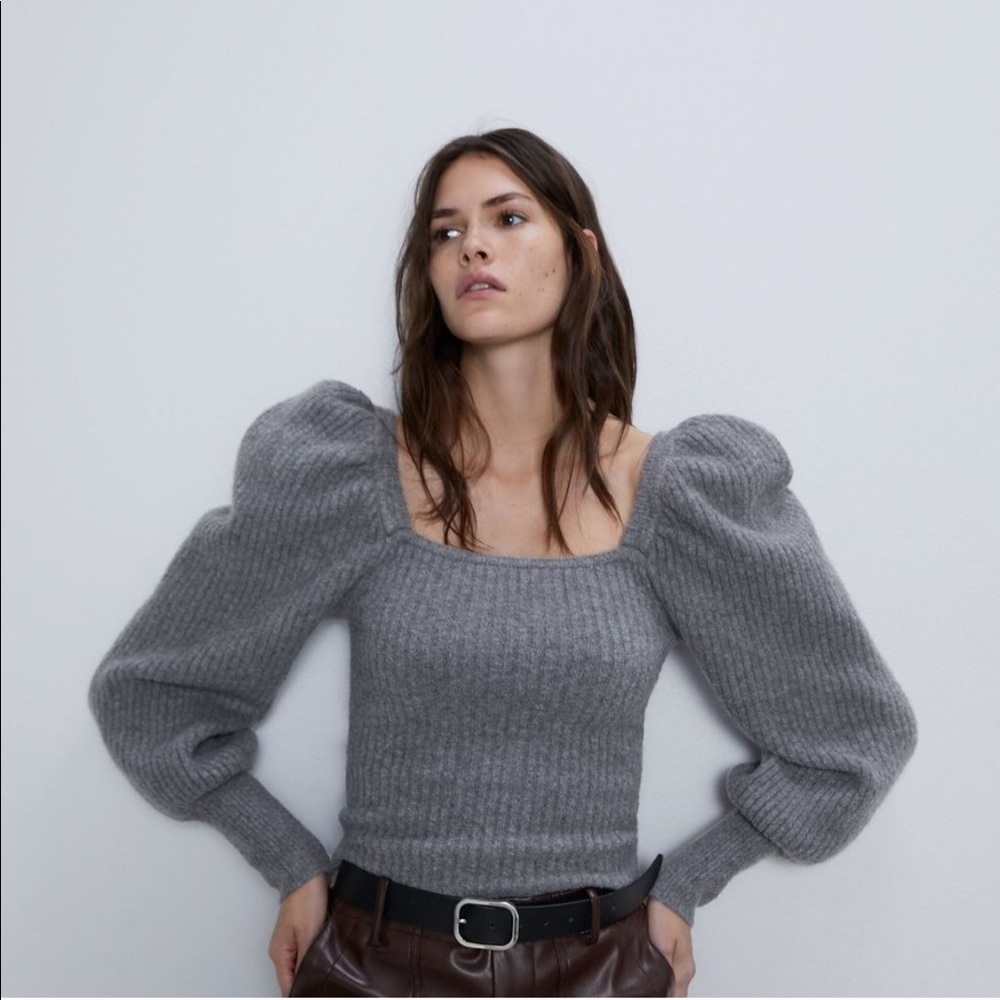 Zara Wool Blend Knit Sweater Puff Sleeves M